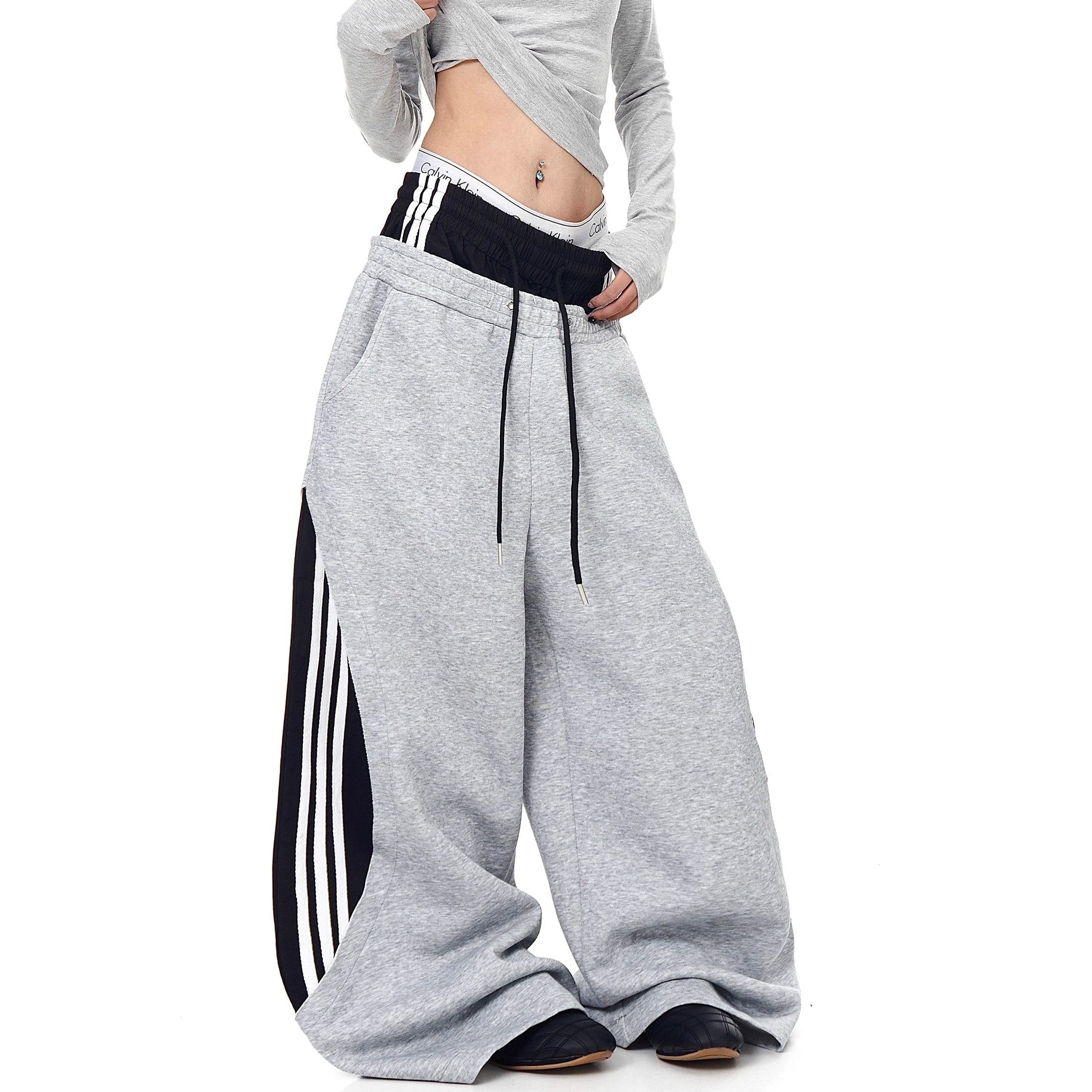 Double-Waist Striped Splicing Scimitar Sweat Pants BK7050