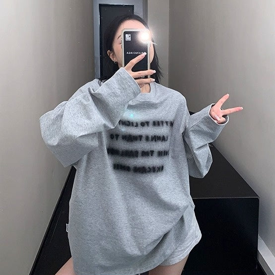 Smudged Letter Print Long Sleeves T-shirt OS2034