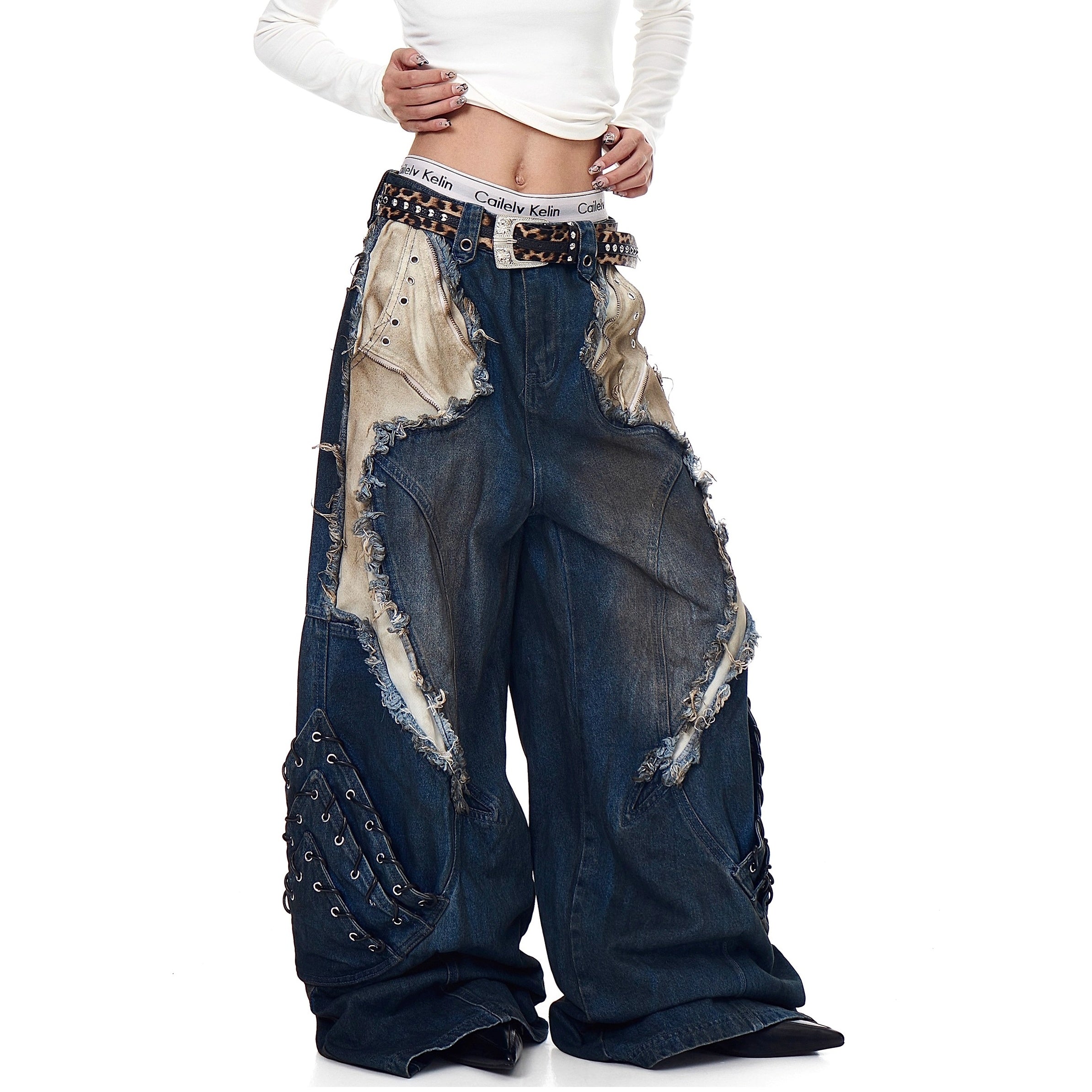 Industry Old Stained Patchwork Wide-leg Jeans BK7017
