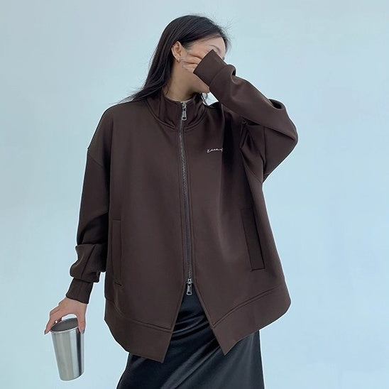 Double Zipper Stand Collar Loose Jacket OS2041