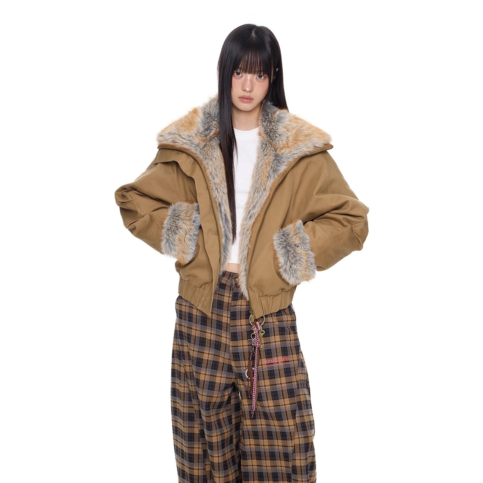 Large Fur Lapel Cropped Jacket EZ294