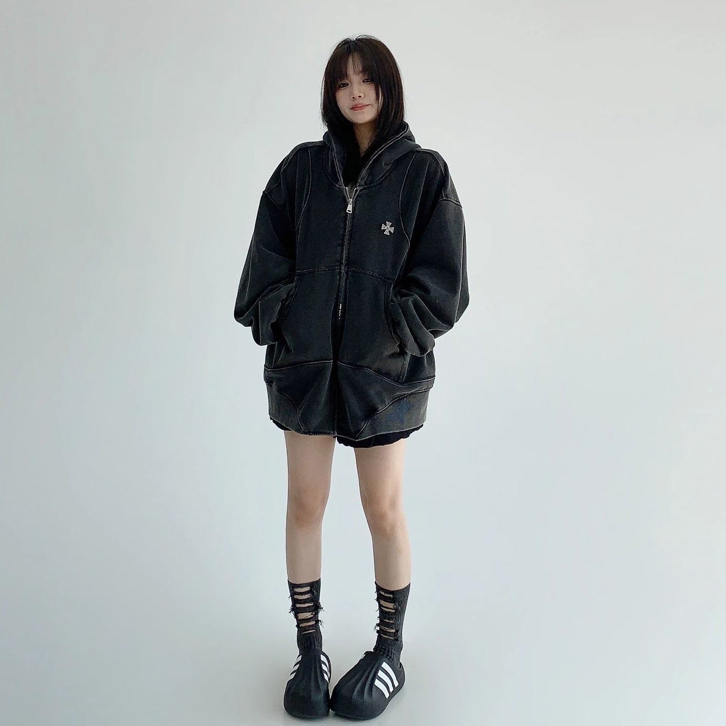 Wash Vintage Cross Badge Loose Hooded Jacket MW10281