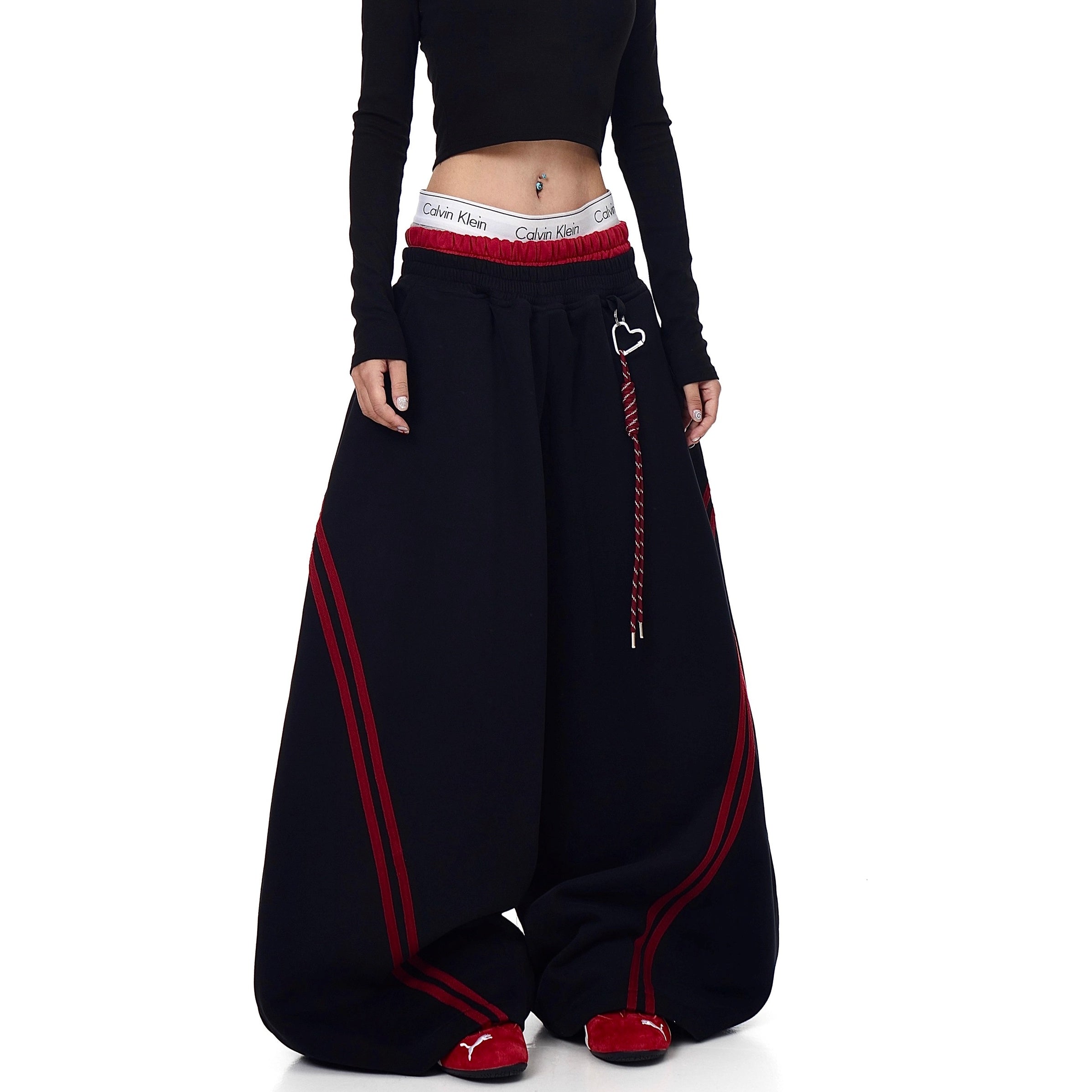 Striped Patchwork Double-waisted Scimitar Sweat Pants BK7044
