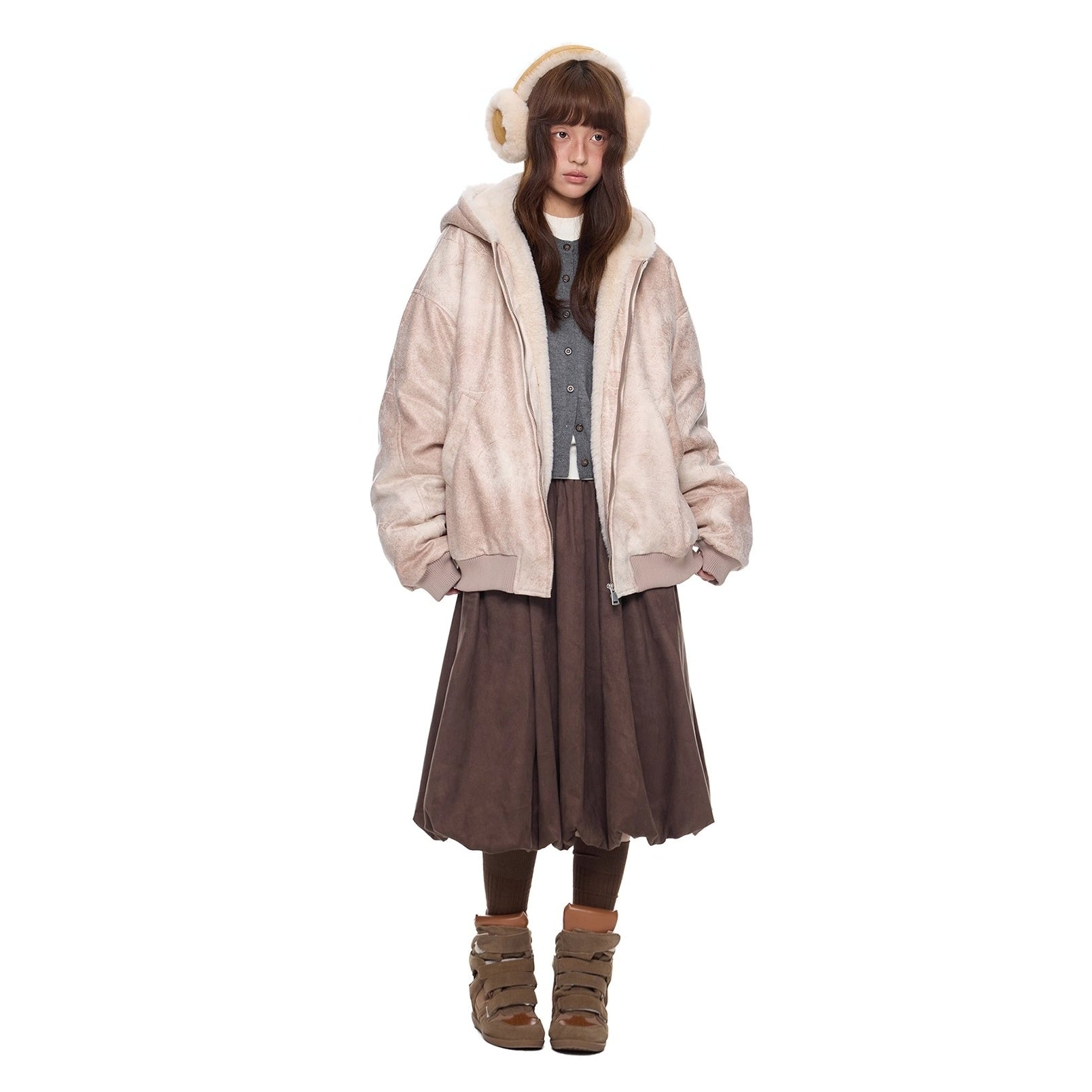 Furry Hooded PU Leather Loose Jacket EZ288