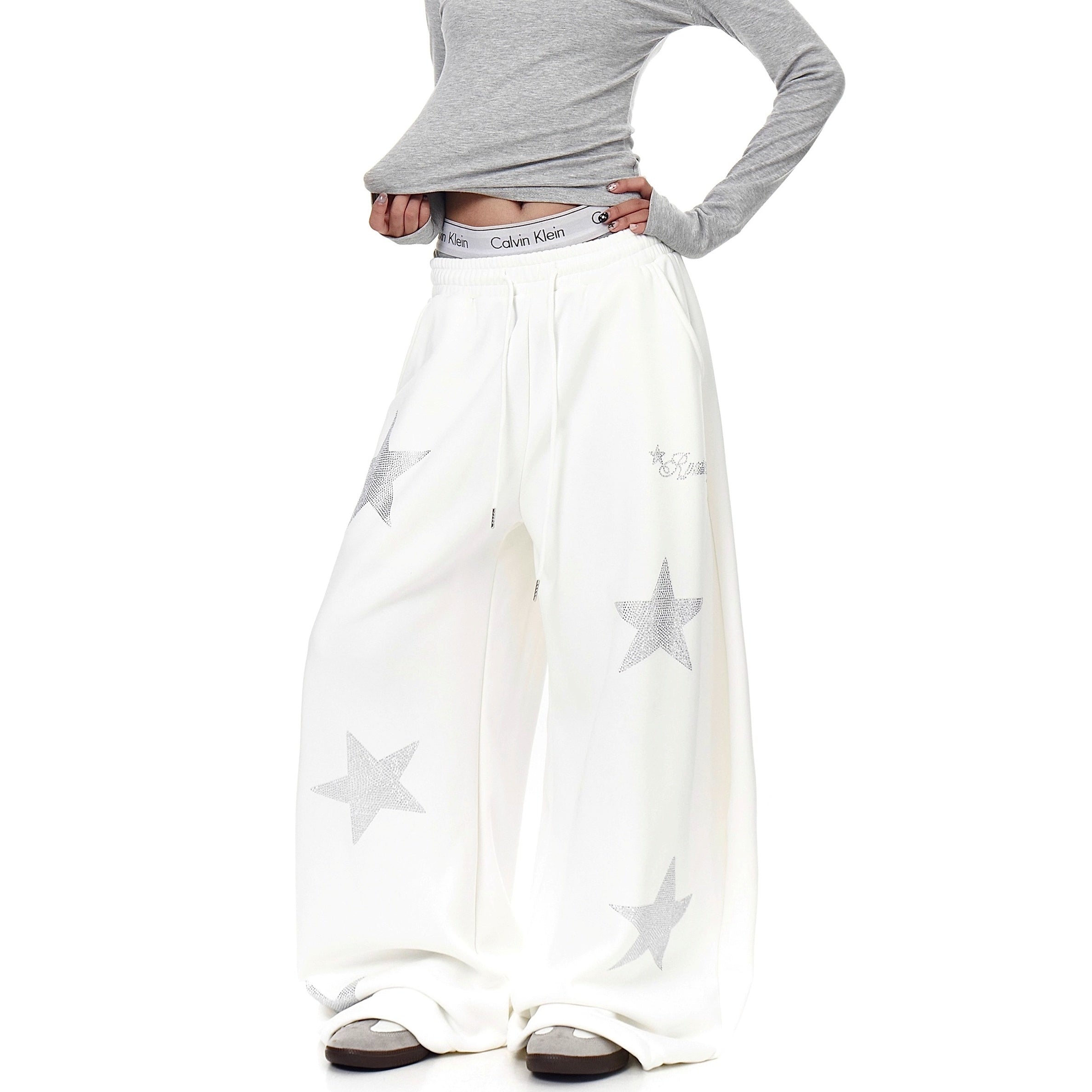Star Rhinestone Design Curve Sweat Pants BK7060