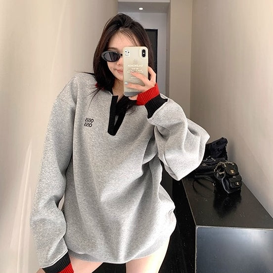 Contrast Polo Collar Loose Sweat OS2045