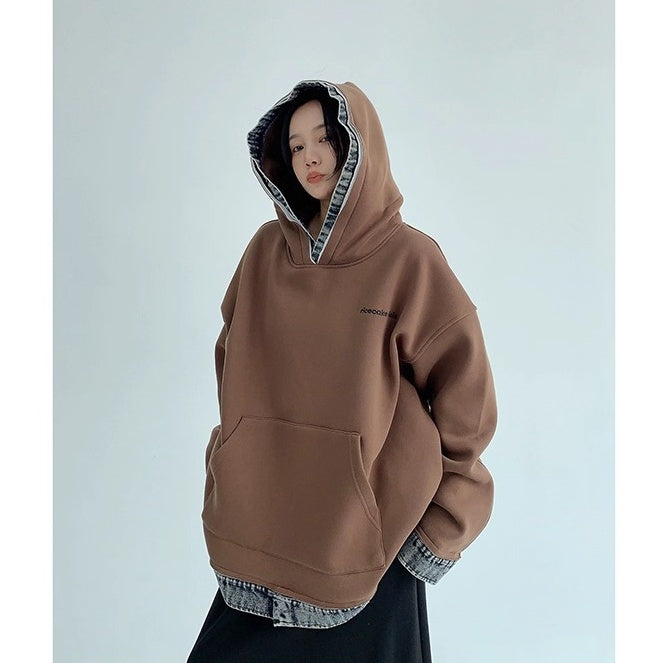 Contrasting Splicing Denim Hooded Sweat OS2056