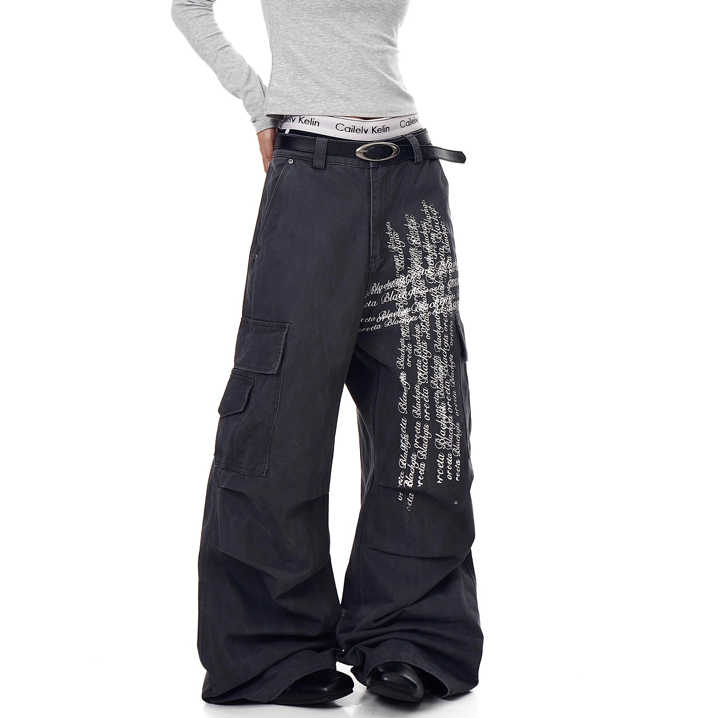 Washed Pleated Letter Print Cargo Pants BK7013