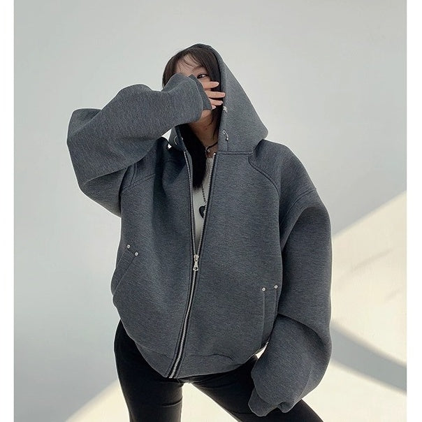 Switching Design Loose Zip Hooded Jacket OS2031