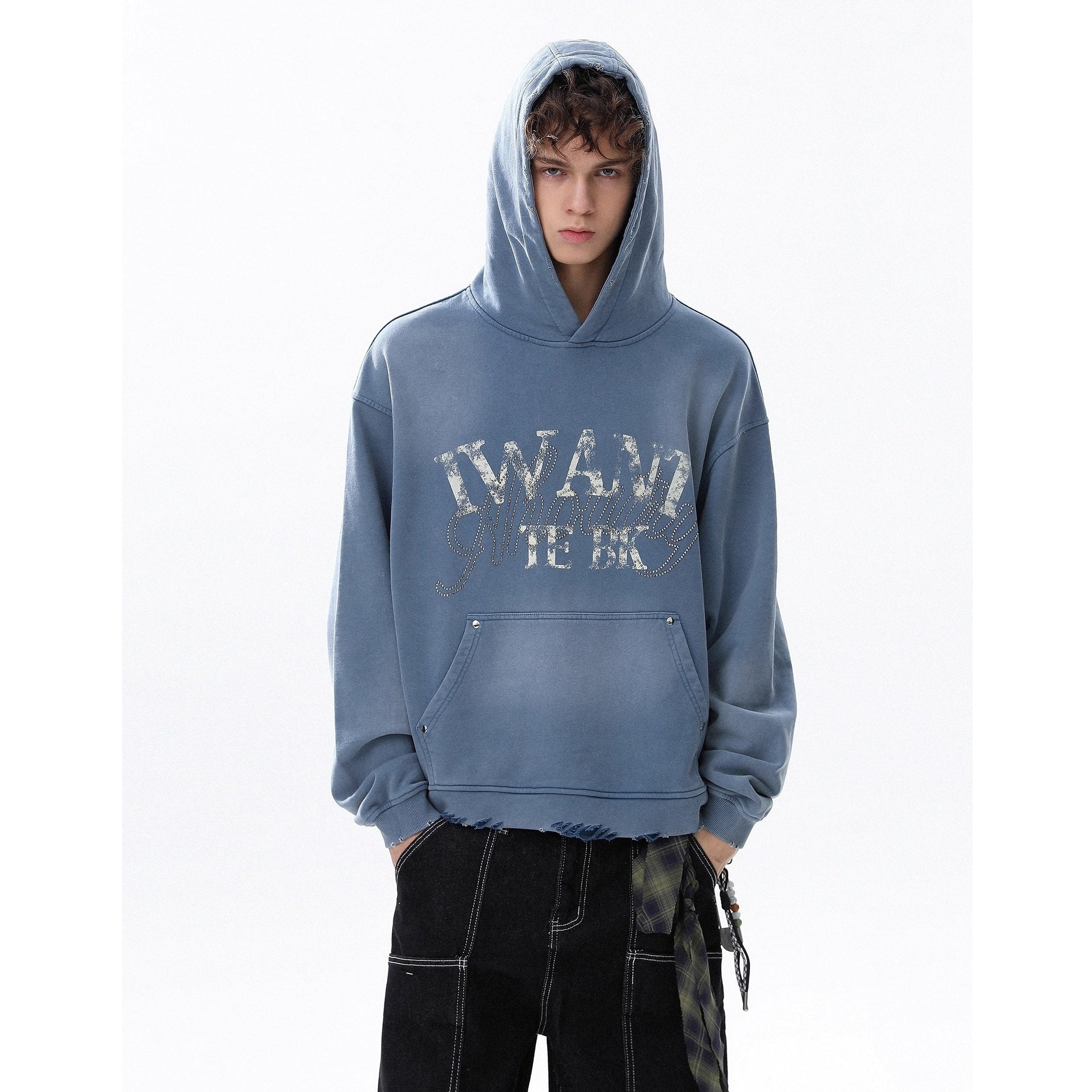 RhineStone Letter Print Damage Hoodie MR8025