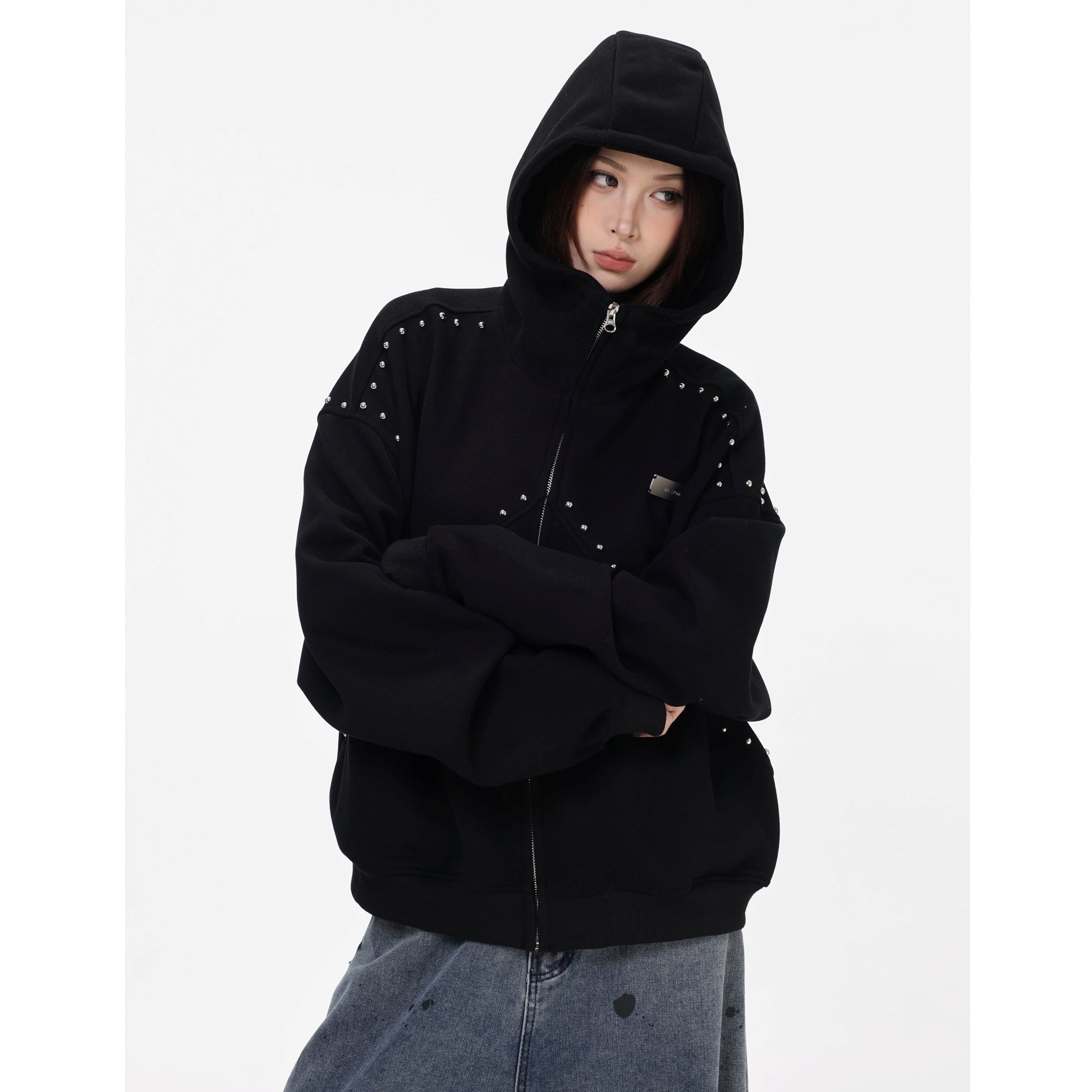 Stitched Rivet Zipper Hooded Jacket IN7016