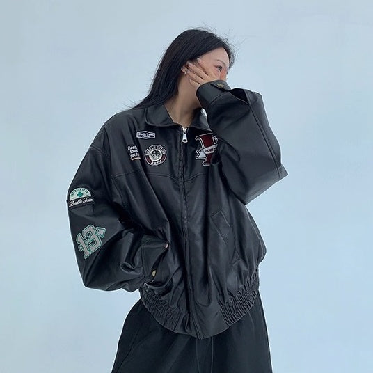 Vintage PU Leather Loose Embroidered Jacket OS2028