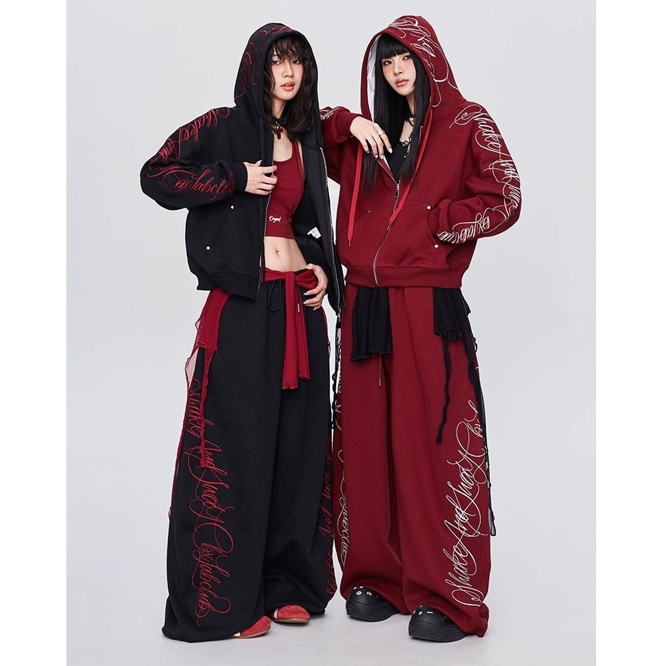 【上下別売り】Gothic Letter Embroidery Hooded Sweat Parka & Pants Set-up CB1001