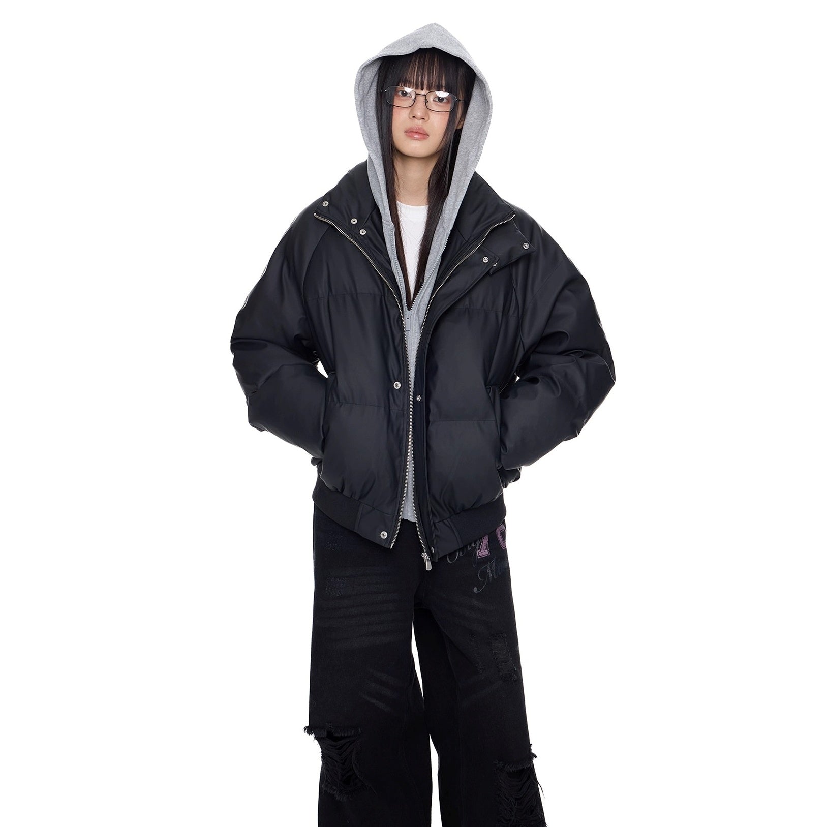 Contrast Color Hooded PU Leather Jacket EZ286