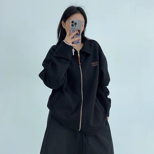 Drop Shoulder Embroidered Lapel Sweat Jacket OS2040
