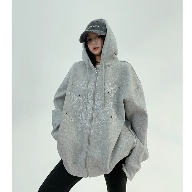 Flower Embroidered Loose Hooded Jacket OS2050