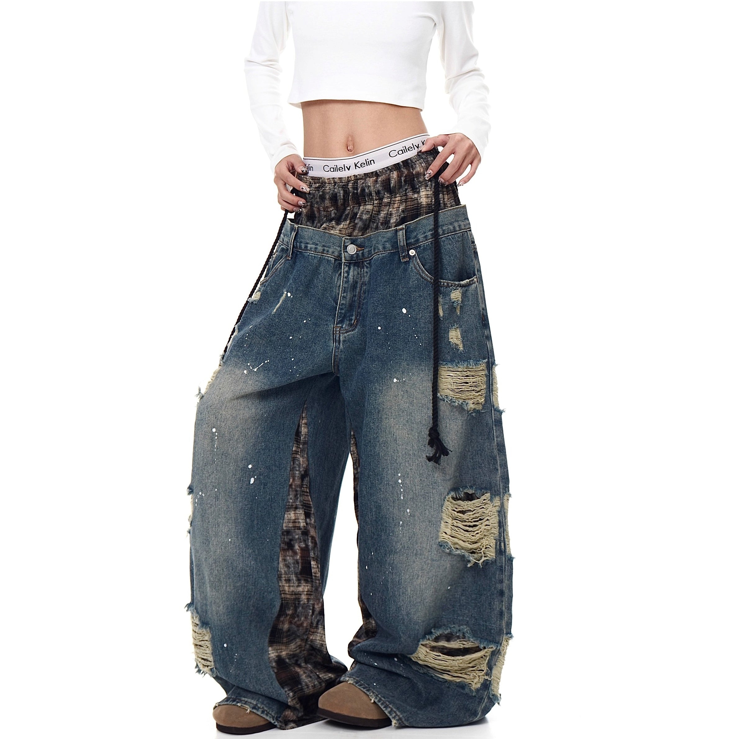 Double Waist Splicing Ripped Curve Jeans MW10273