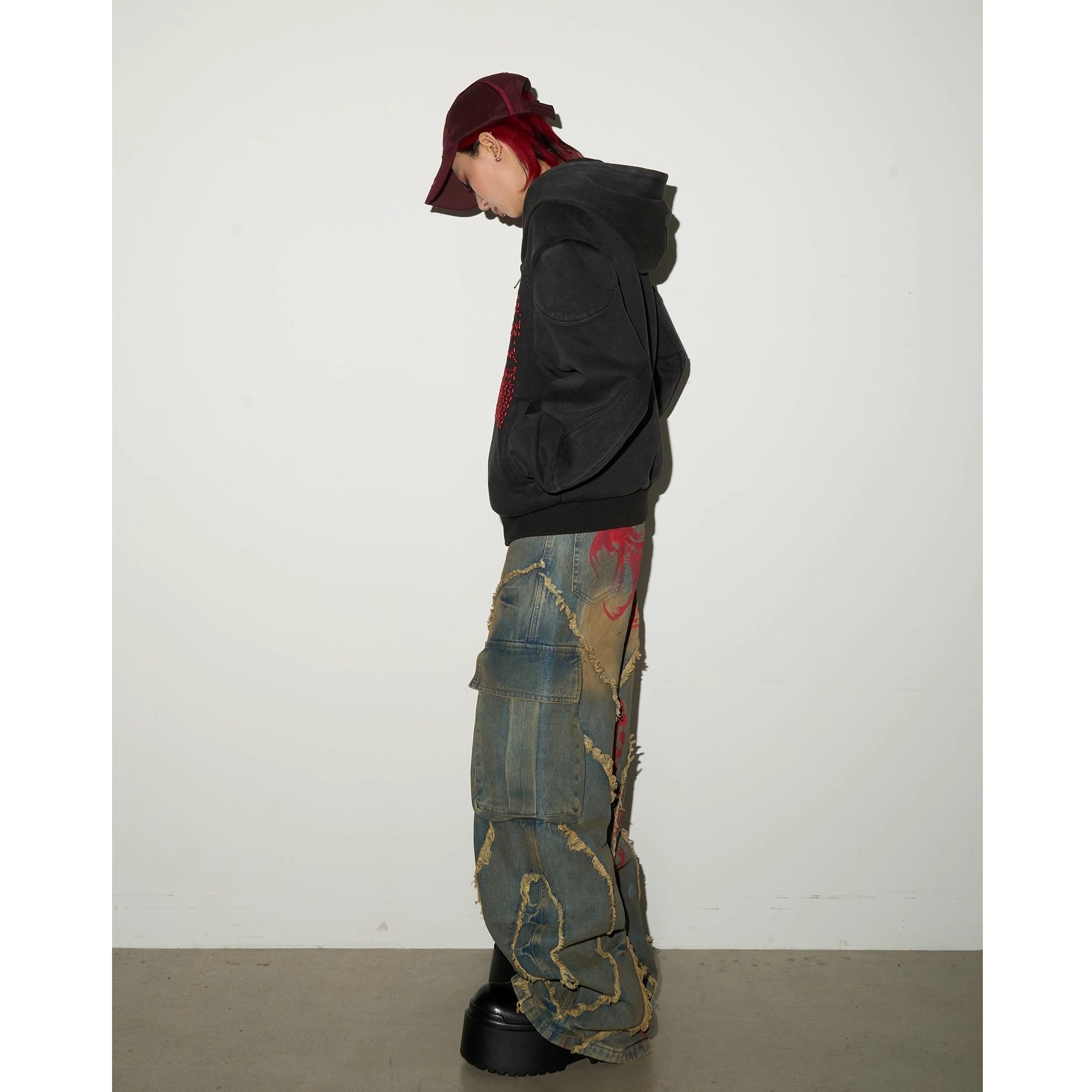 Pigment Print Raw Edge Wide Cargo Jeans MN9047