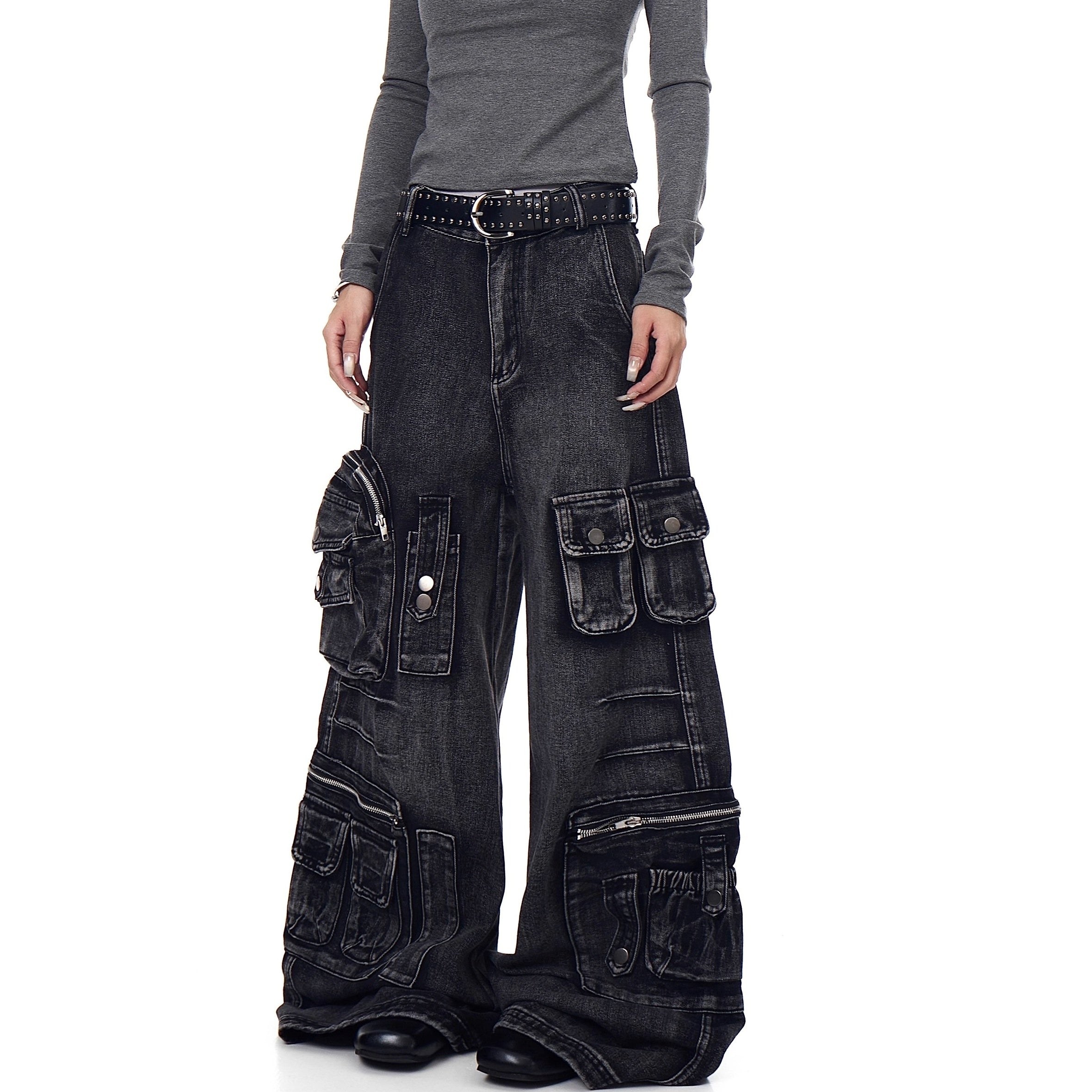 Washed Wide Buggy Cargo Jeans BK7028