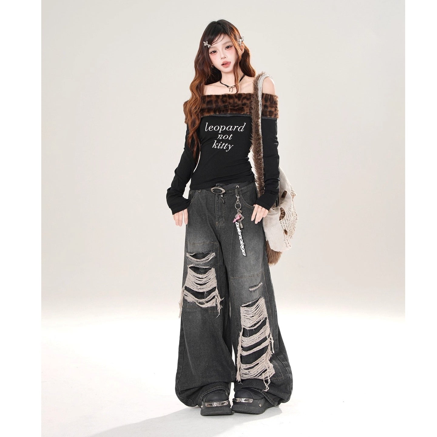 Leopard Lapel Off-shoulder Long-sleeved T-shirt KK2080