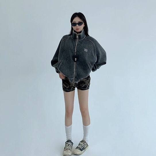 Damage Washed Stand Collar Casual Jacket OS2048