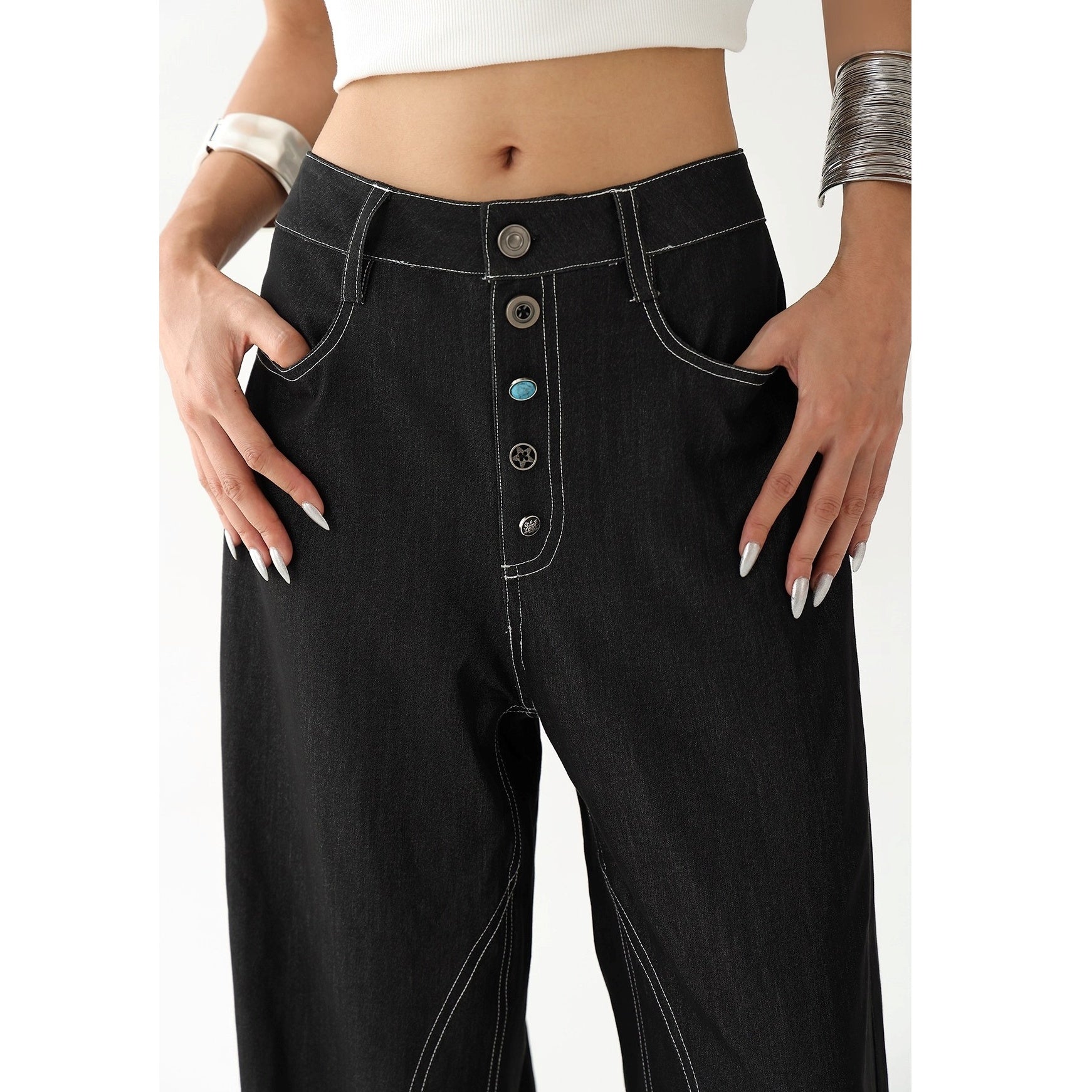 Button  Wide-leg Stitch Pants AC7130