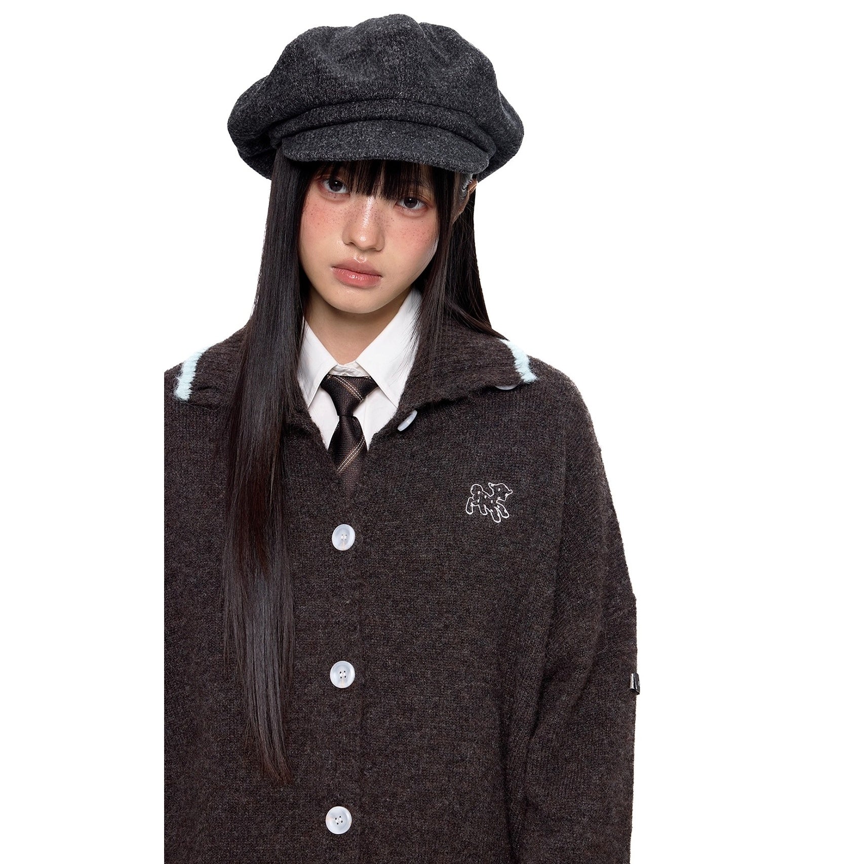 Puppy Embroidered Lapel Knit Cardigan EZ258