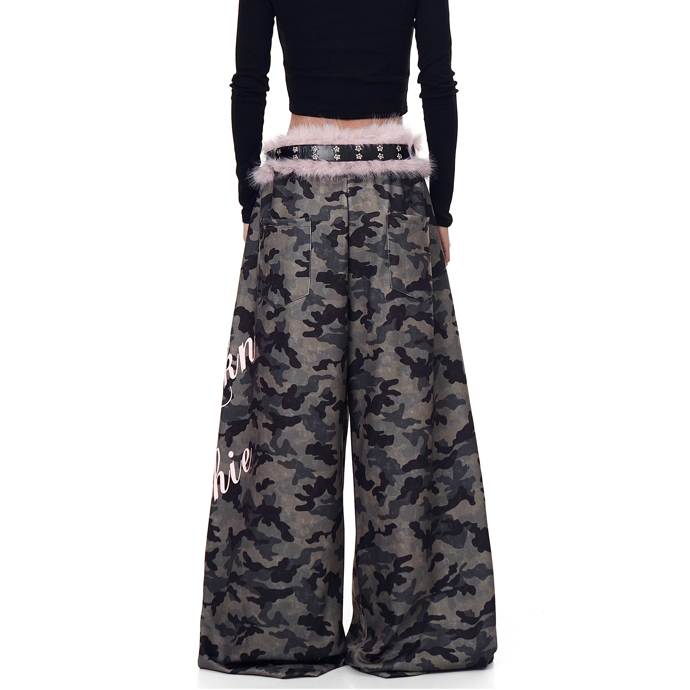 Letter Print Wide Sweat Pants With Fur Belt BK7026