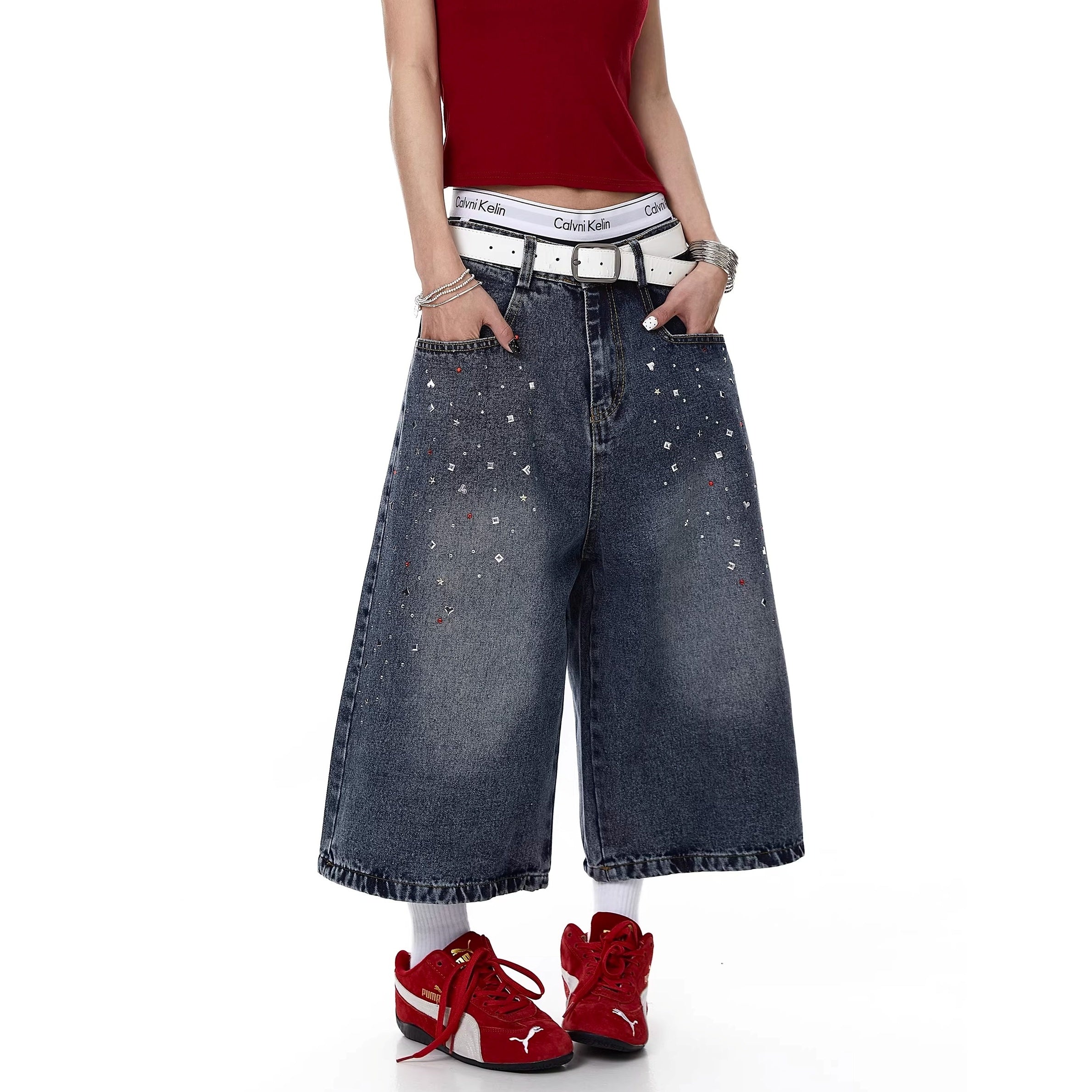 Rhinestone Washed Denim Cropped Pants MW10384