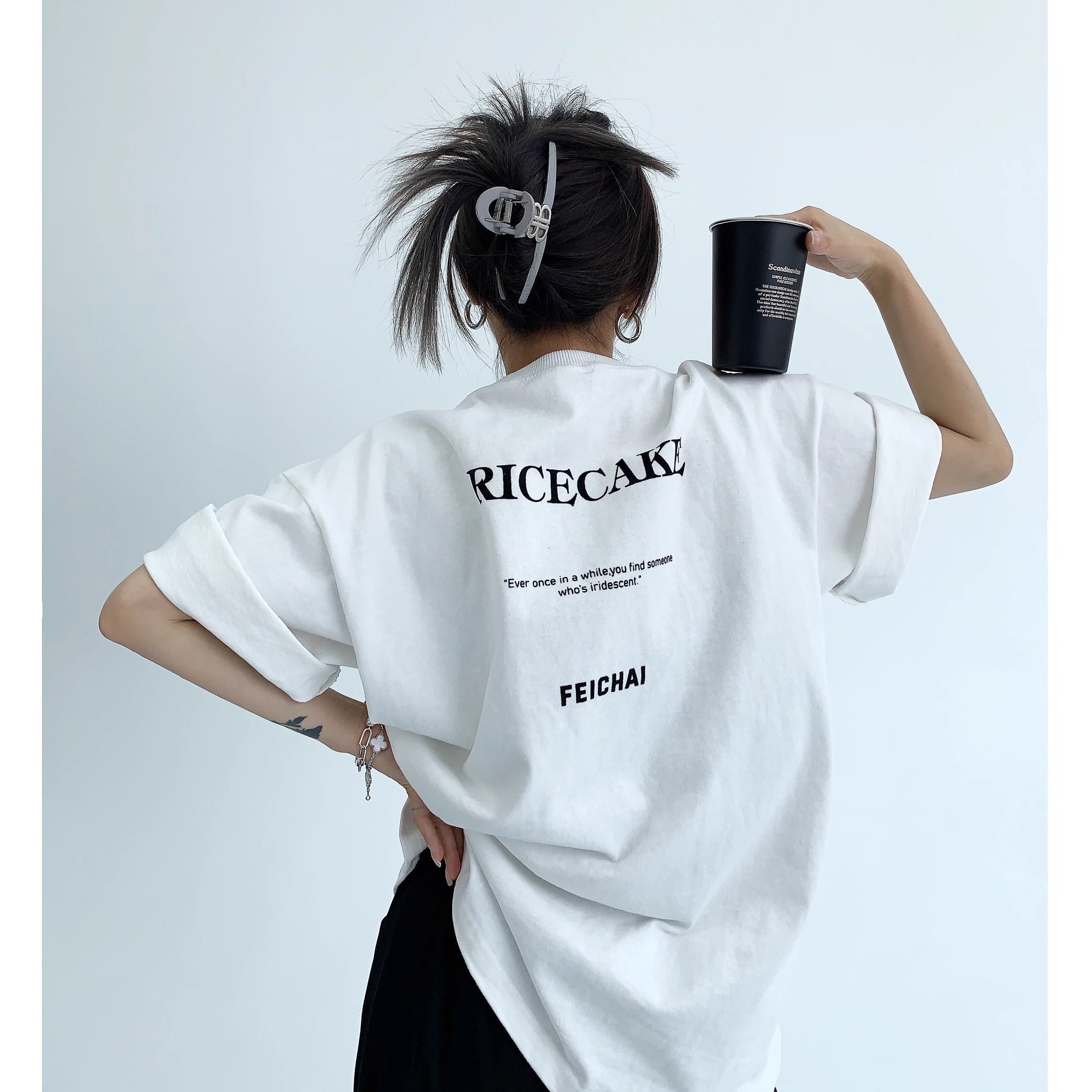 Simple Flocking Print Loose T-shirt OS2006