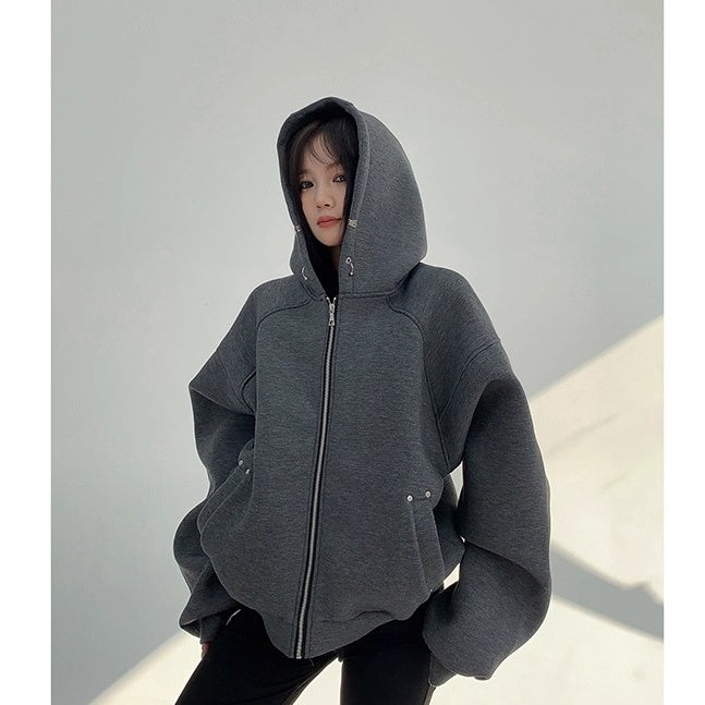 Switching Design Loose Zip Hooded Jacket OS2031