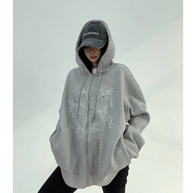 Flower Embroidered Loose Hooded Jacket OS2050