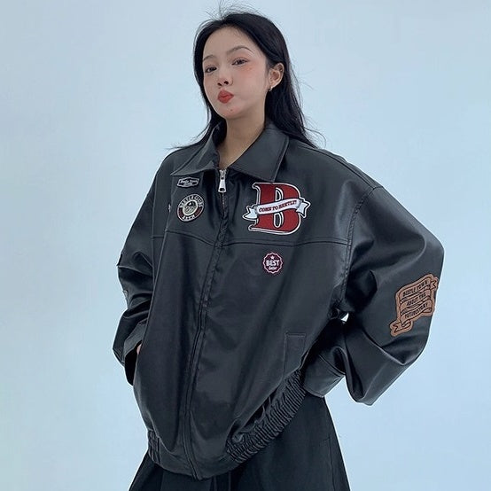 Vintage PU Leather Loose Embroidered Jacket OS2028