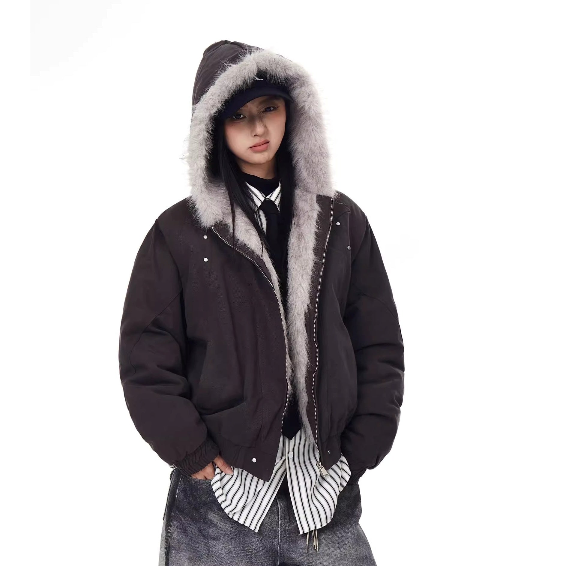 Carving Fur Collar Hooded Jacket BK7051