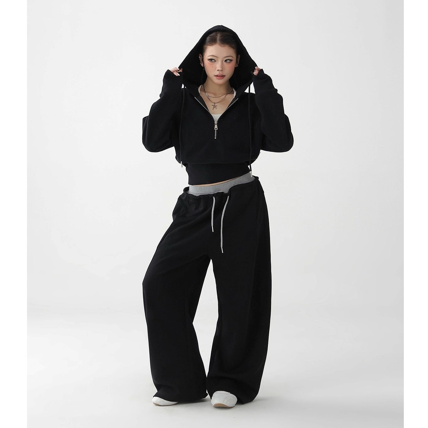 【上下別売り】Half-ZIP Cropped Hoodie & Loose Pants Set-up AC7159
