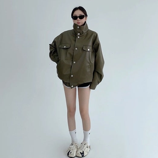 High-Neck PU Leather Jacket OS2046