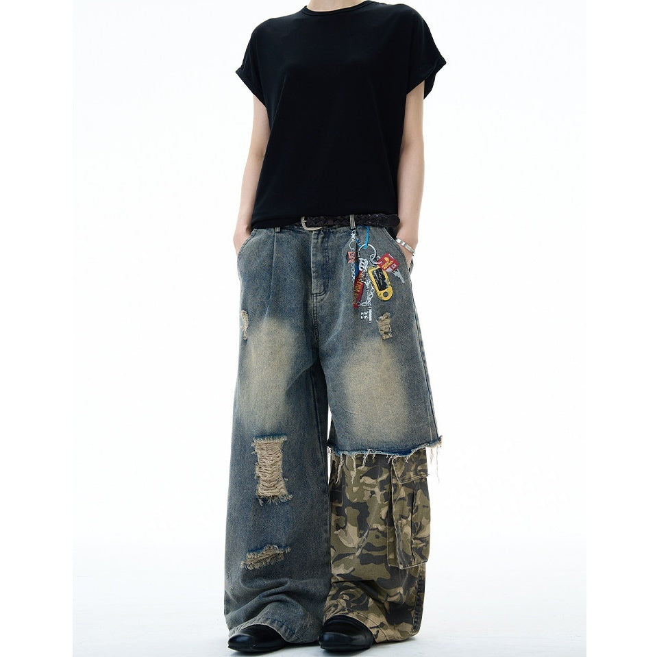 Camouflage Patchwork Loose Ripped Jeans MW10322