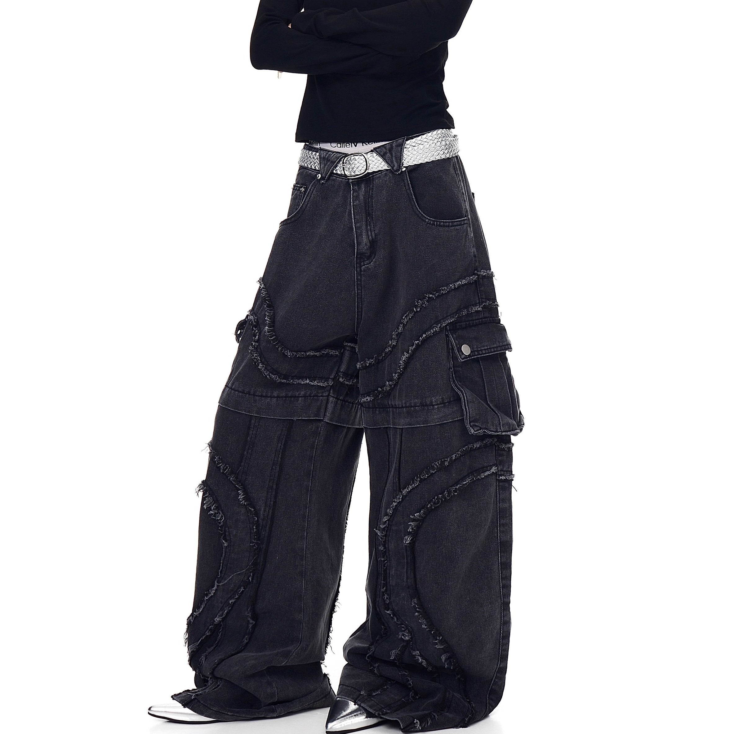 Raw Edge Stitching Cargo Jeans BK7022