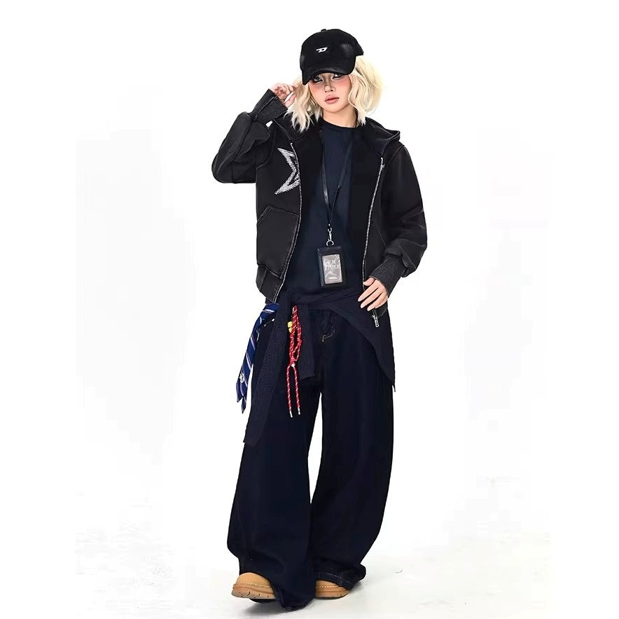 Rhinestone Star Decoration Hooded Parka MW10387