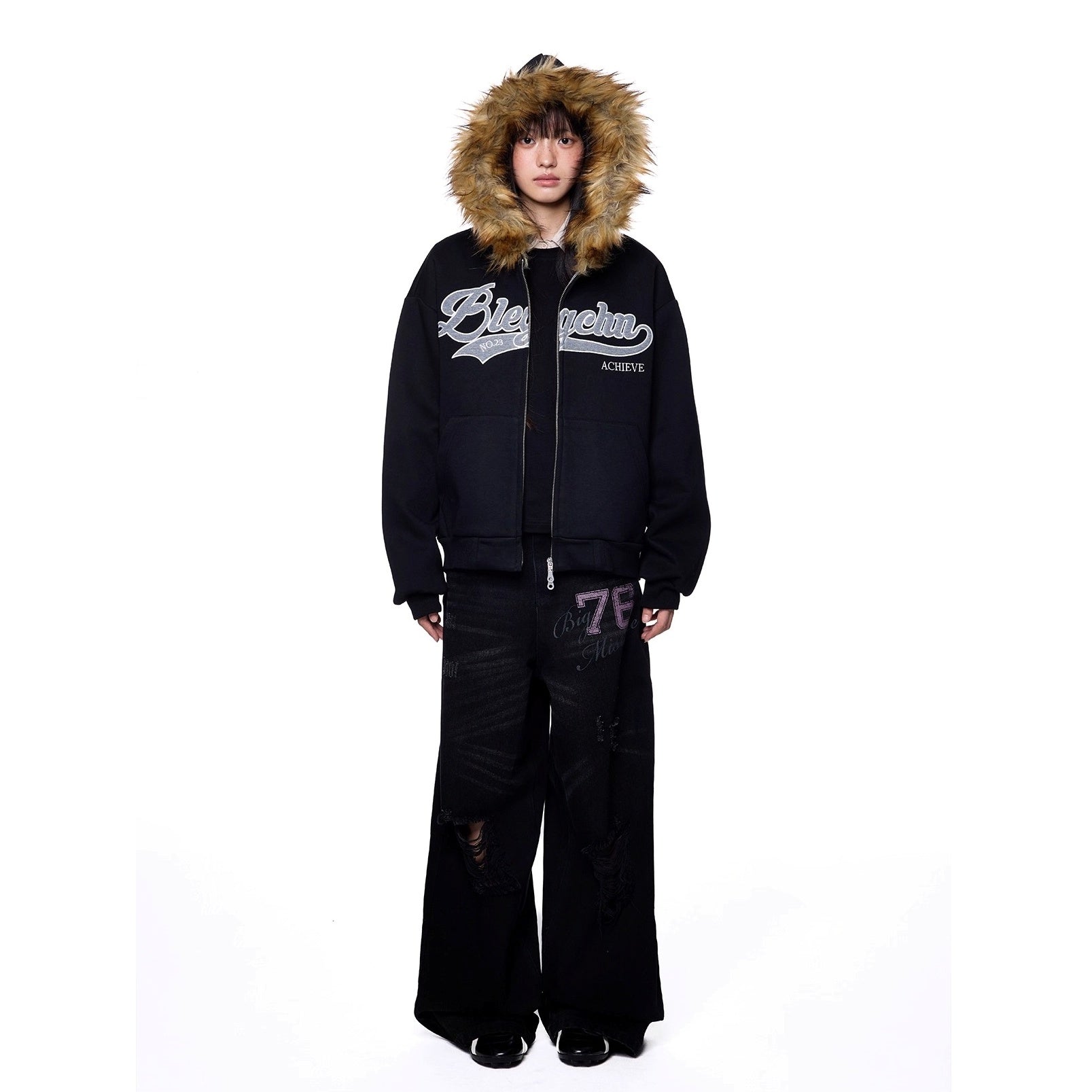 Monogram Embroidered Fur Collar Hooded Sweat Jacket EZ262