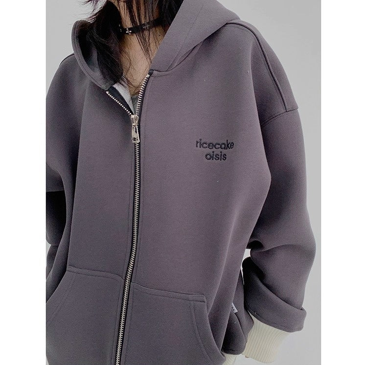 Contrast Embroidery Zip Hooded Jacket OS2043