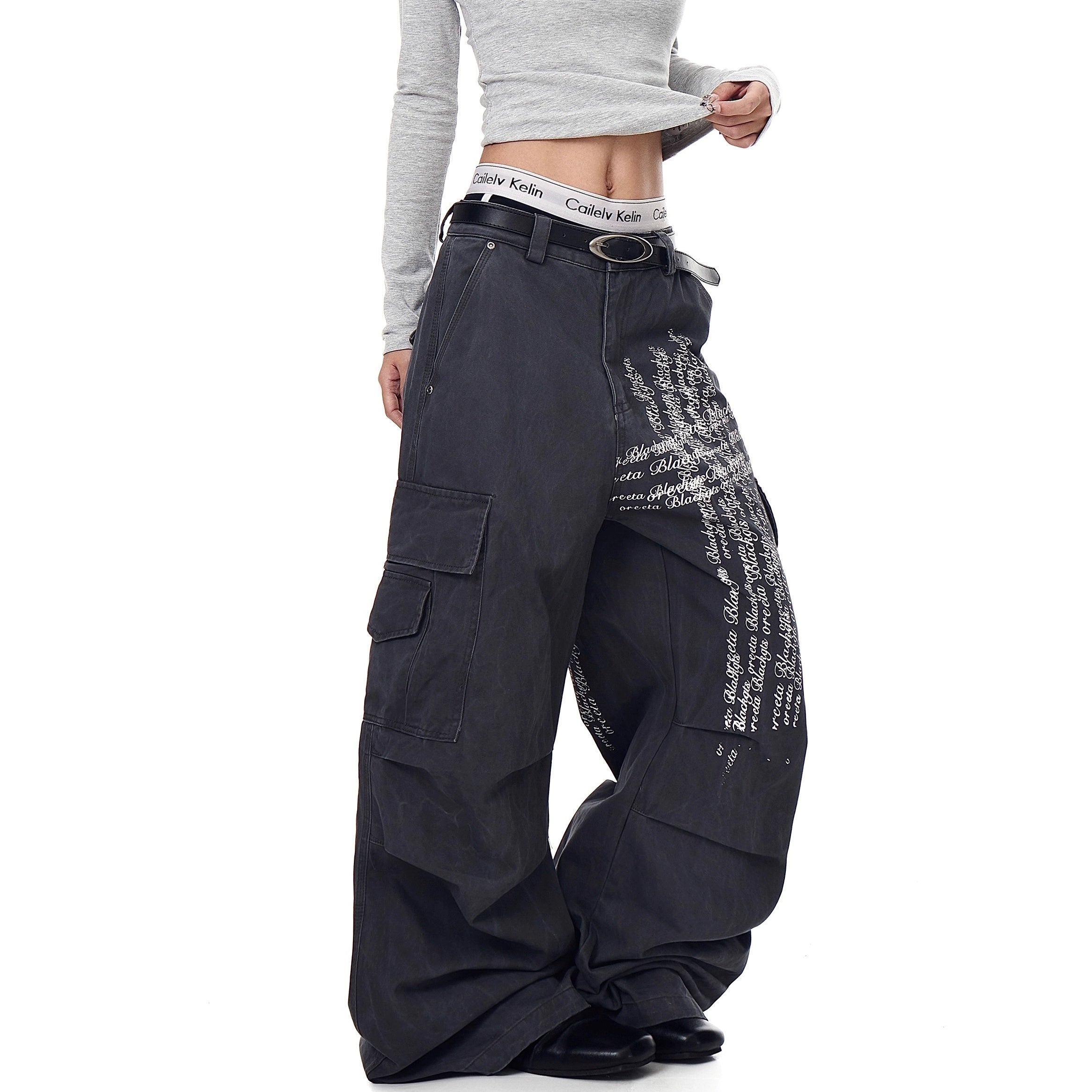 Washed Pleated Letter Print Cargo Pants BK7013