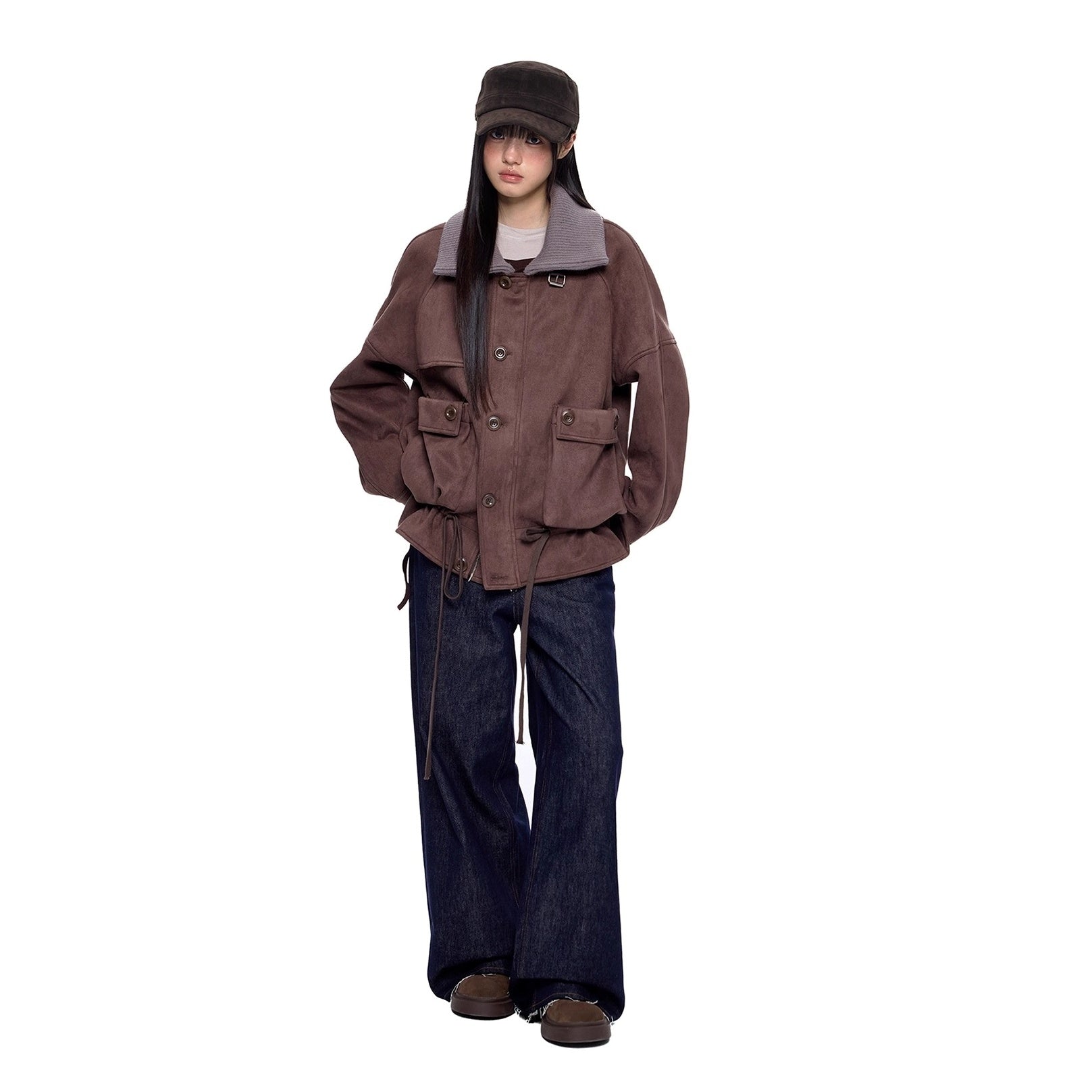 Knitted High Neck Drawstring Faux Suede Jacket EZ252