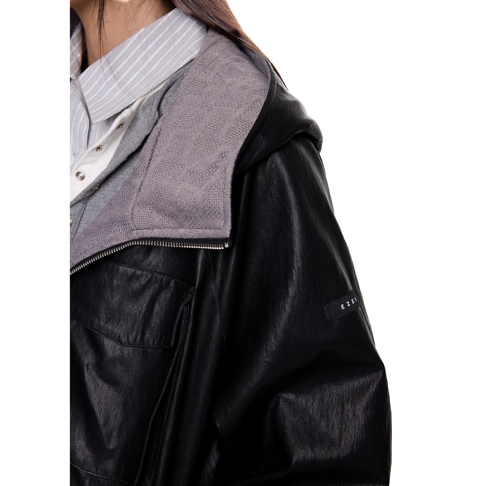Zipper Split Hood PU Leather Jacket EZ261