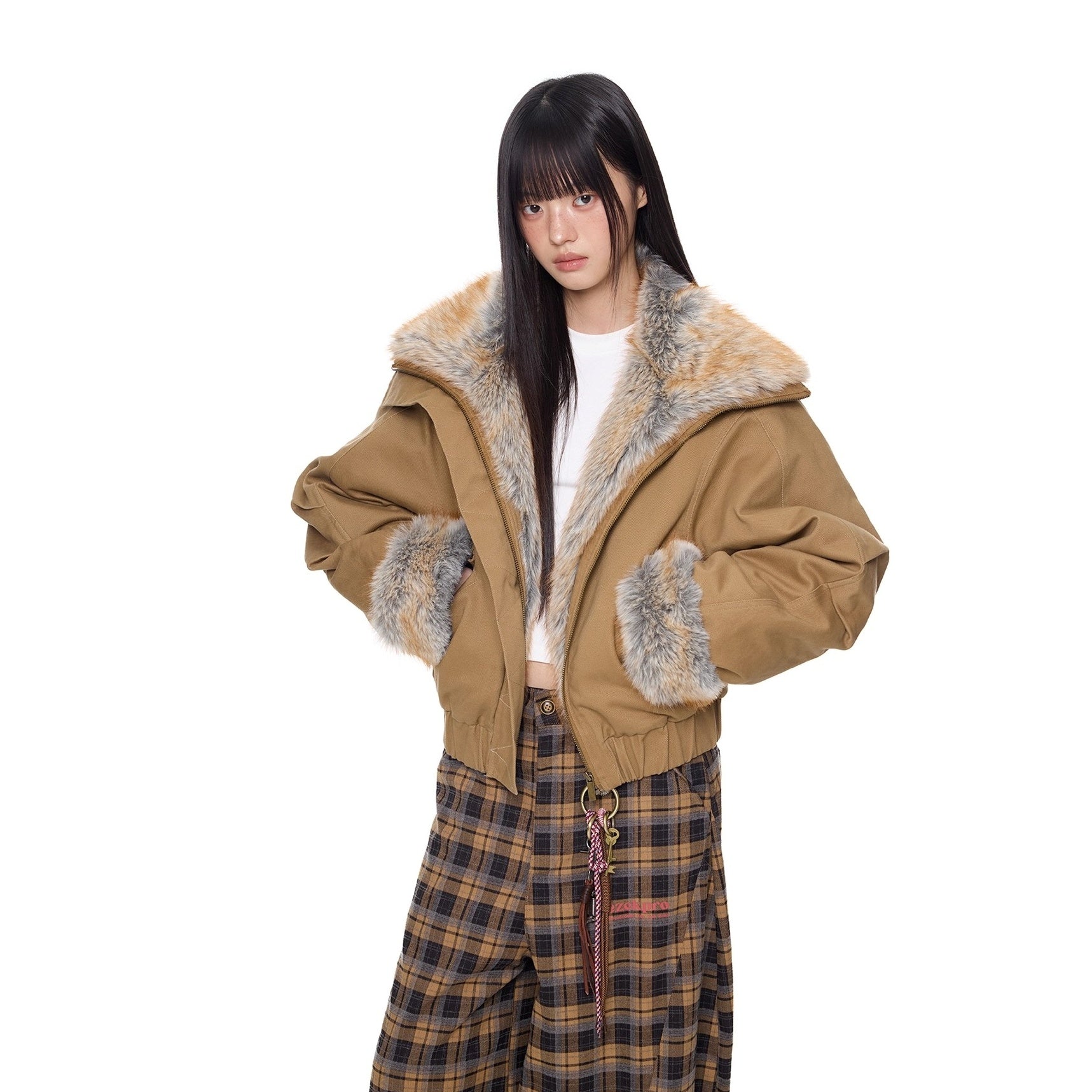 Large Fur Lapel Cropped Jacket EZ294