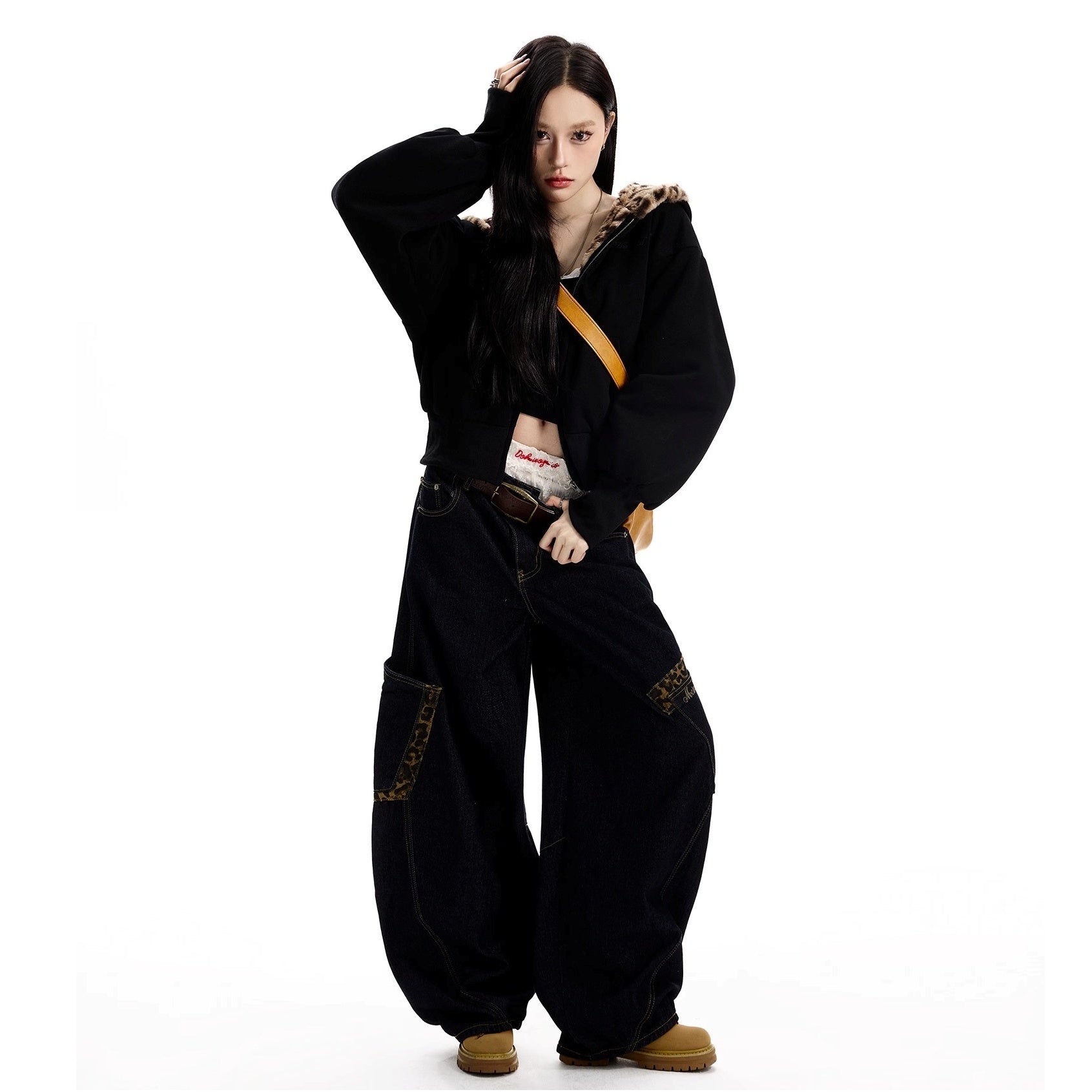 Leopard Print Stitching Large Pocket Design Curve Jeans MW10300