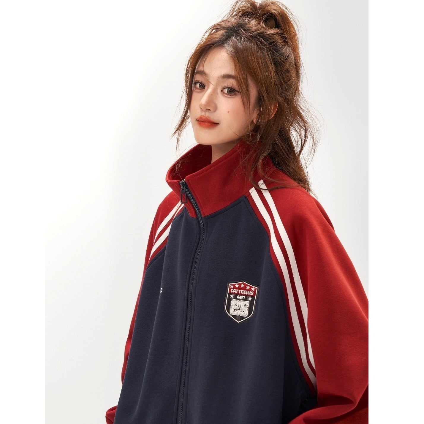 Stand-Collar Raglan Color-blocked Sweat Jacket CA7010