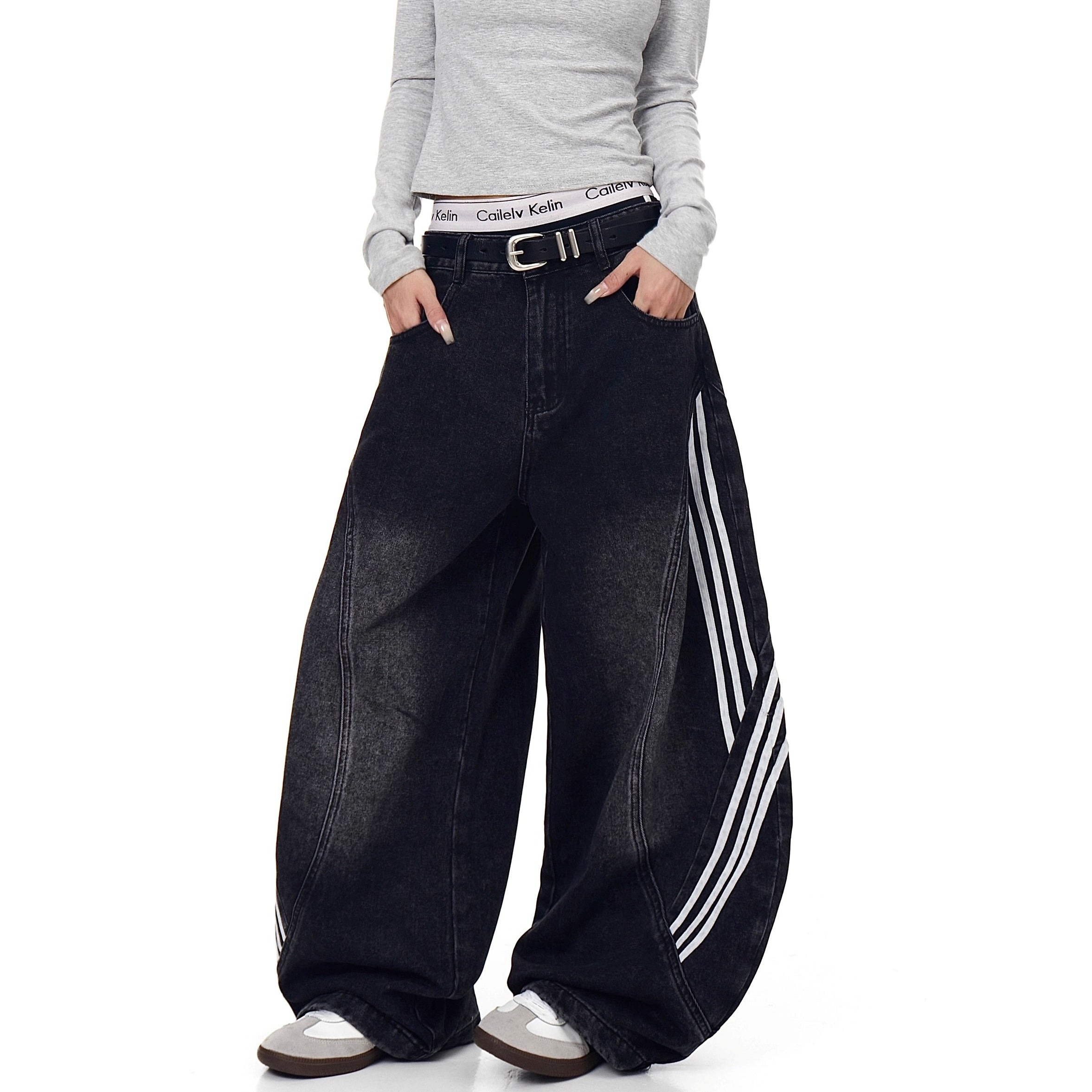 Striped Patchwork Washed Scimitar Jeans BK7031