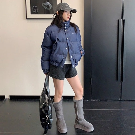 Denim Fabric Cropped Puffer Jacket OS2062