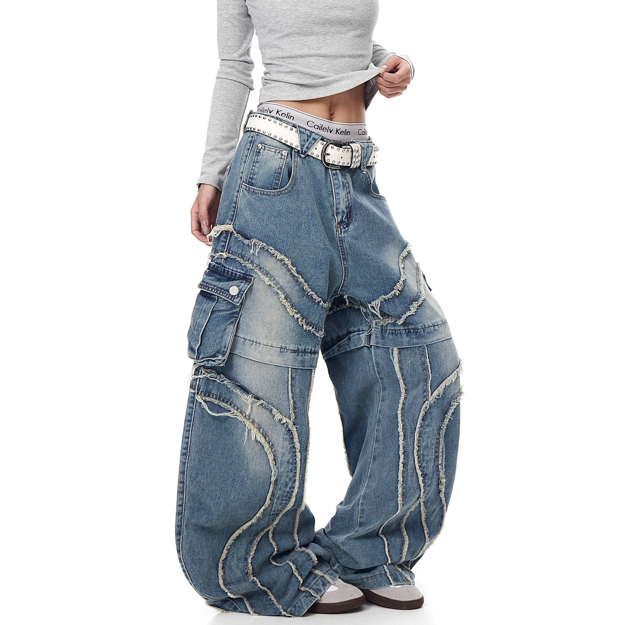 Raw Edge Switching Cargo Curve Jeans BK7027
